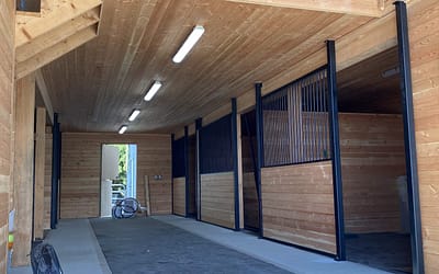 A large, empty barn with multiple stalls and a loft by pole barn construction contractors in Langley