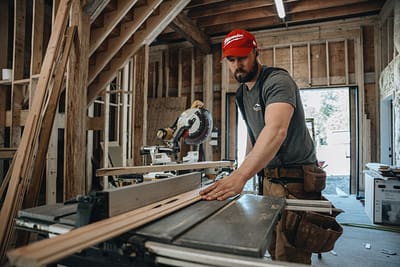 Bowline Construction team member holding a plank while using a measuring device for pole barn construction in Langley, BC