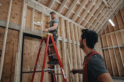 Two Bowline Construction staff in a process of pole barn construction in Langley, BC