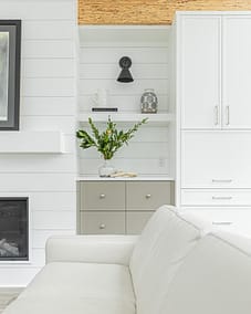 A white accent living room with modern design by design-build contractors in Langley, BC