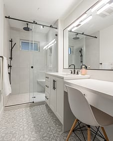 A modern bathroom vanity with white cabinets