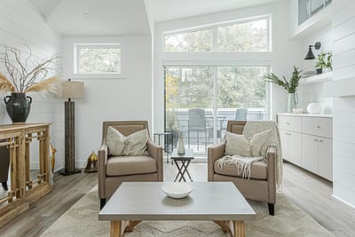 A white accent living room with grotesque design by design-build contractors in Langley, BC