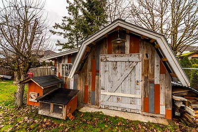 A weathered wooden shed with a small chicken coop next to it.