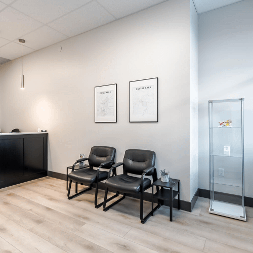 Modern office seating and reception space completed for commercial tenant improvements in Langley, BC by Bowline Construction
